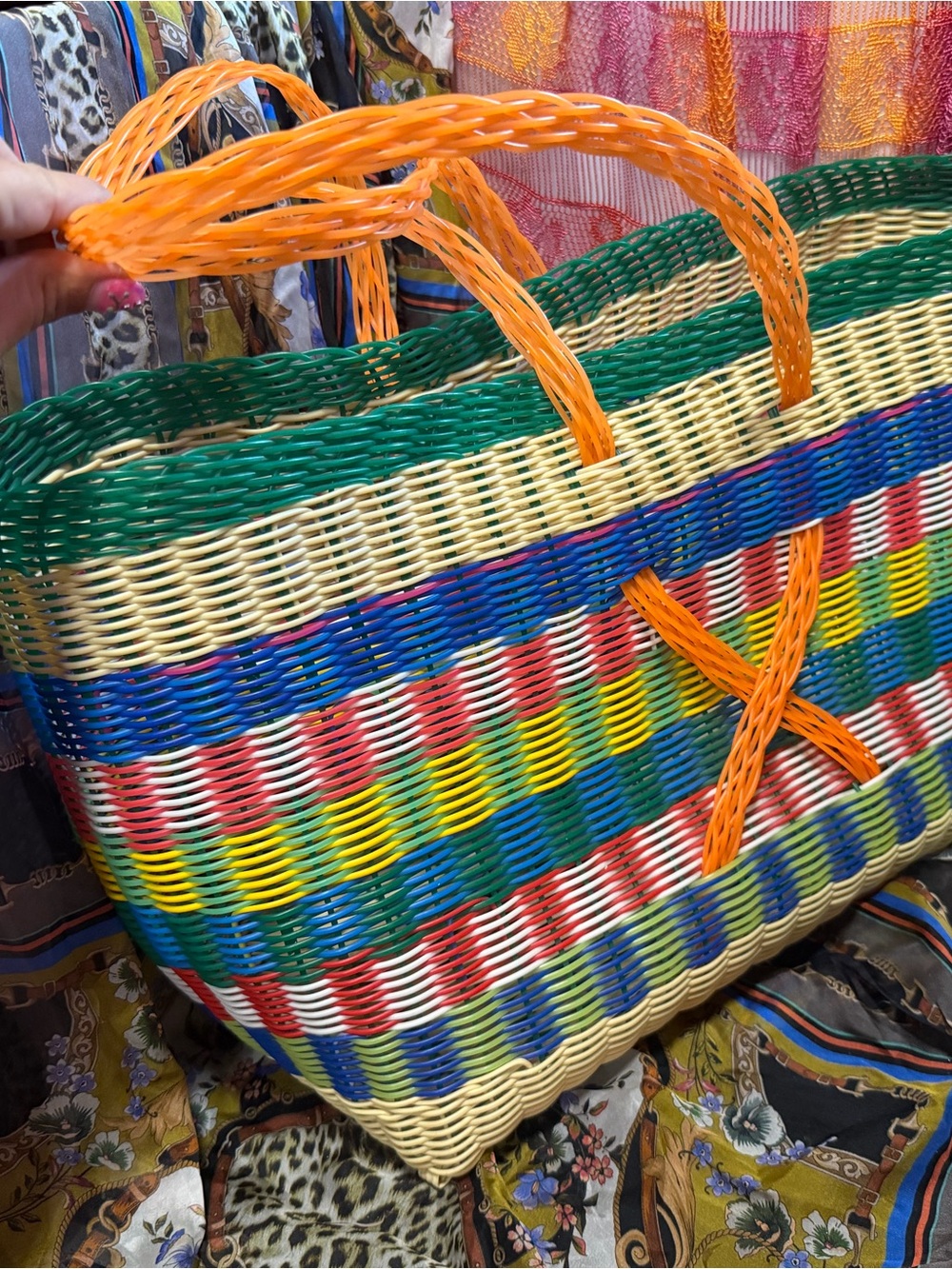 Sony Costunes Colorful Woven Tote Bag with Orange Handles